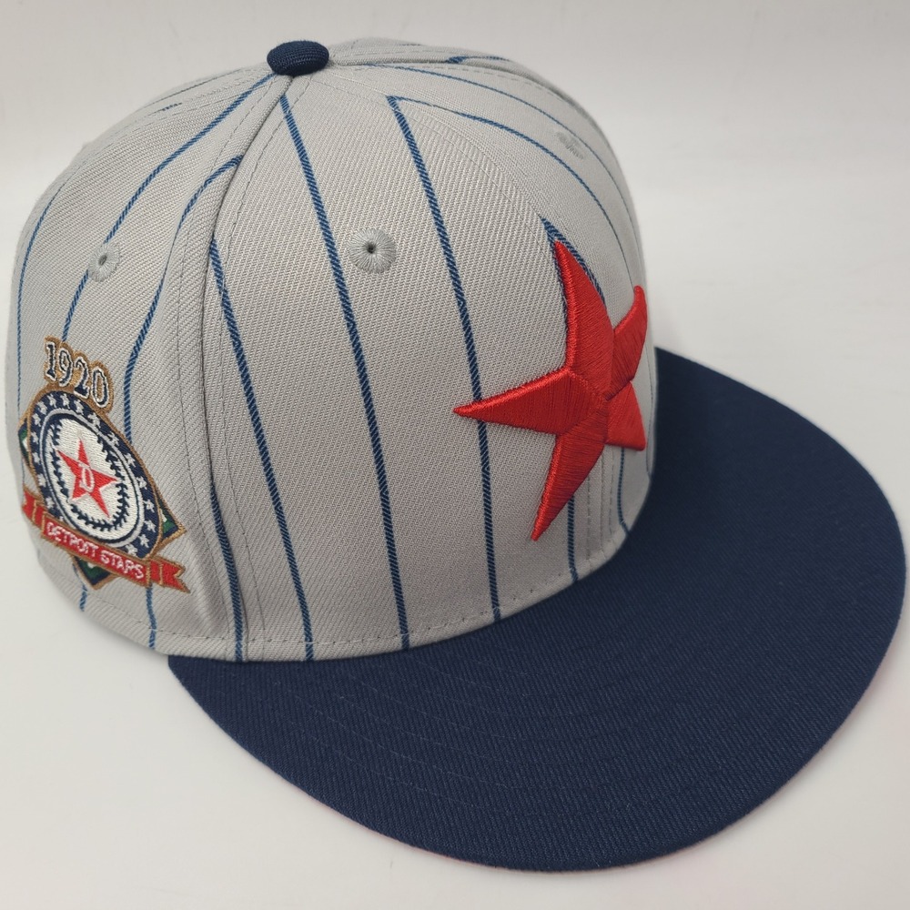 Detroit Stars Hat Fitted 7 1/8 Rings & Crwns Gray Blue Pinstripes Negro Leagues